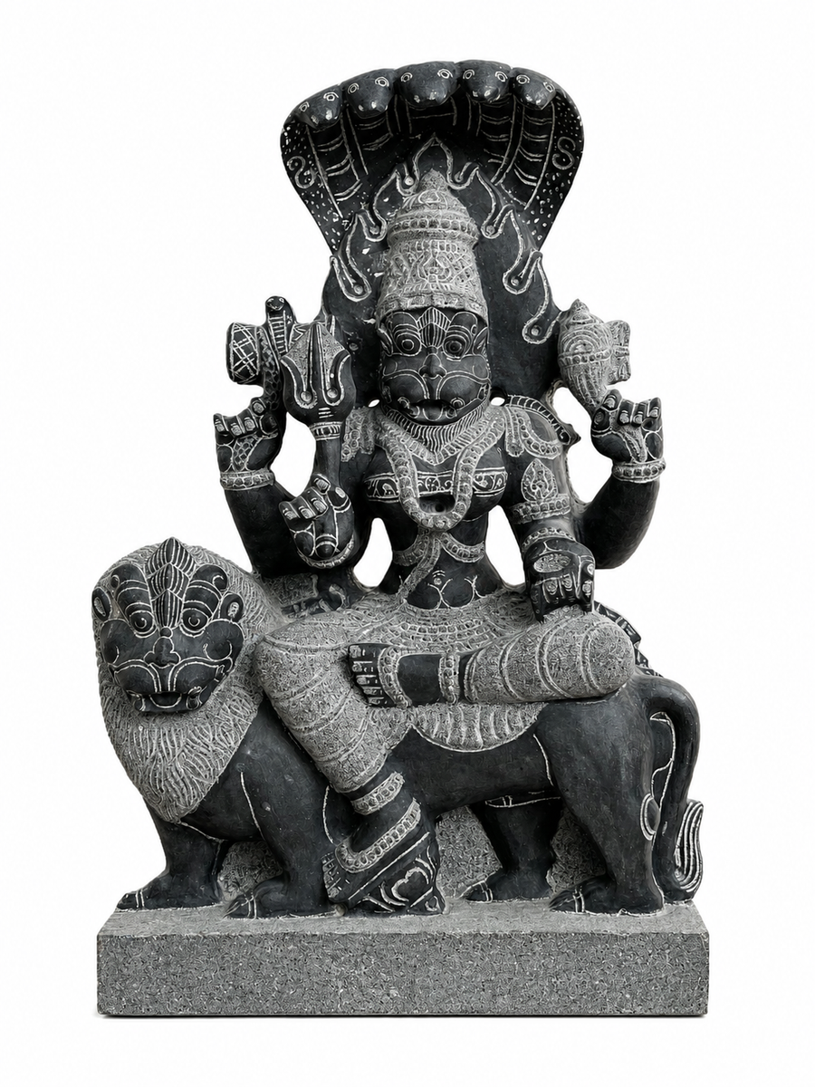 Hand-carved 1.5 ft Pratyangira Devi statue in natural stone, product view 1 highlighting the goddess form and carved details.