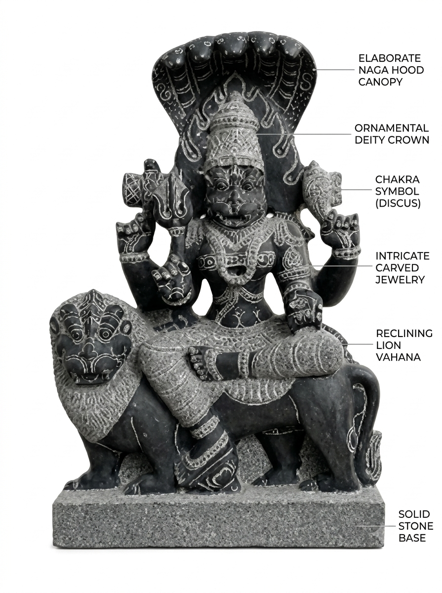 Hand-carved 1.5 ft Pratyangira Devi statue in natural stone, product view 2 highlighting the goddess form and carved details.