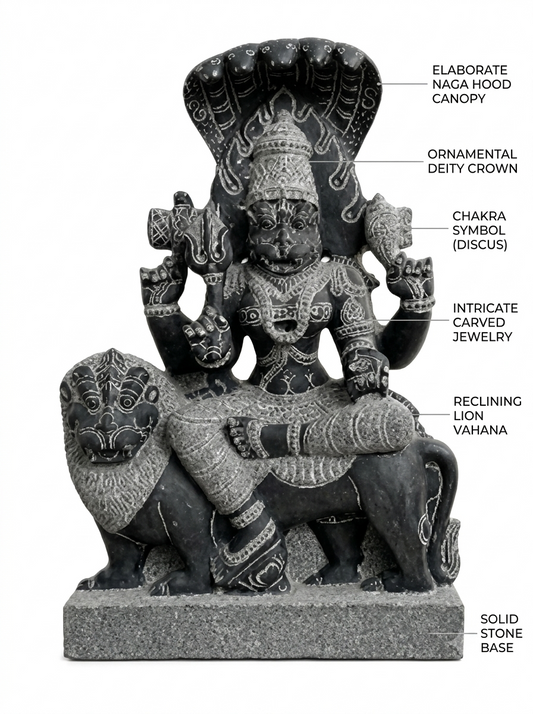 Hand-carved 1.5 ft Pratyangira Devi statue in natural stone, product view 2 highlighting the goddess form and carved details.