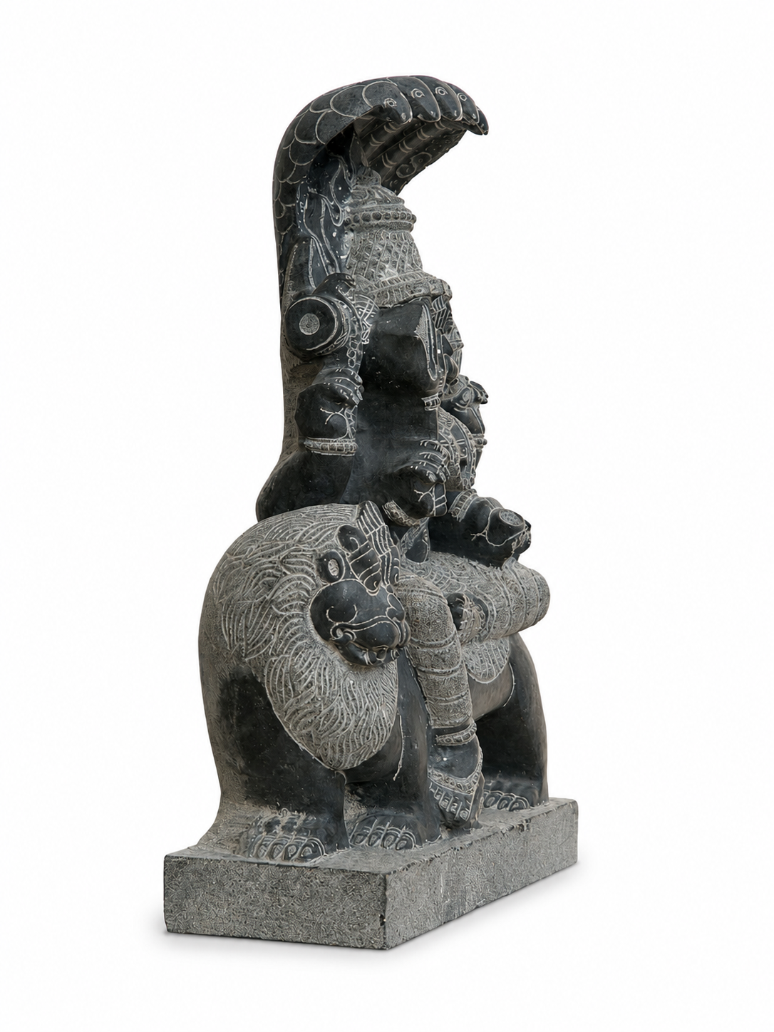 Hand-carved 1.5 ft Pratyangira Devi statue in natural stone, product view 3 highlighting the goddess form and carved details.