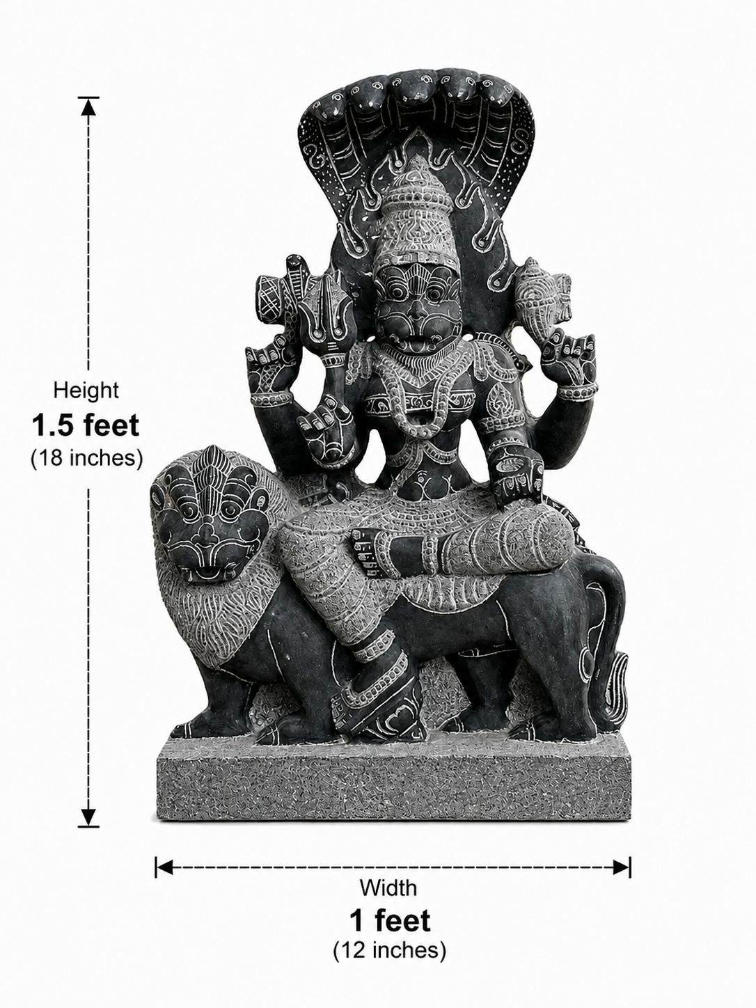 Hand-carved 1.5 ft Pratyangira Devi statue in natural stone, product view 5 highlighting the goddess form and carved details.
