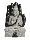 Hand-carved 1.5 ft protective hand Buddha statue in natural stone, product view 1 highlighting the Abhaya gesture and carved details.