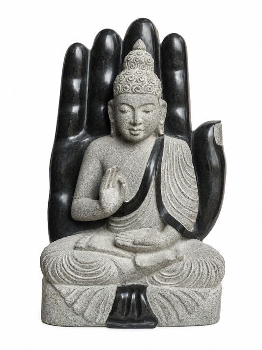 Hand-carved 1.5 ft protective hand Buddha statue in natural stone, product view 1 highlighting the Abhaya gesture and carved details.