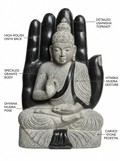 Hand-carved 1.5 ft protective hand Buddha statue in natural stone, product view 2 highlighting the Abhaya gesture and carved details.