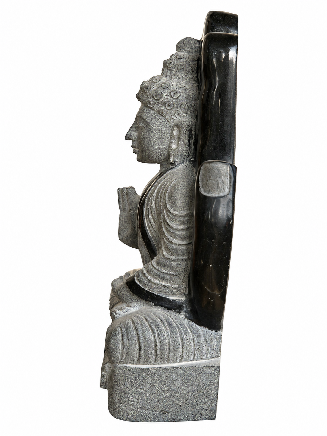 Hand-carved 1.5 ft protective hand Buddha statue in natural stone, product view 3 highlighting the Abhaya gesture and carved details.