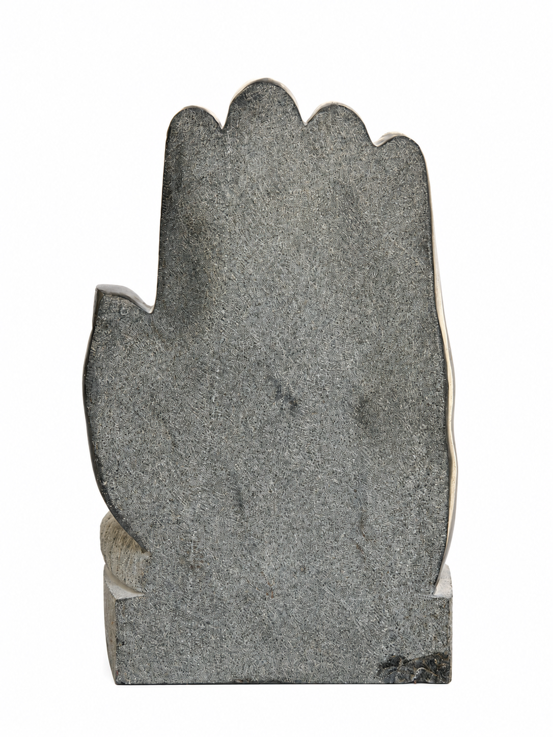 Hand-carved 1.5 ft protective hand Buddha statue in natural stone, product view 4 highlighting the Abhaya gesture and carved details.