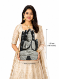 Hand-carved 1.5 ft protective hand Buddha statue in natural stone, product view 5 highlighting the Abhaya gesture and carved details.