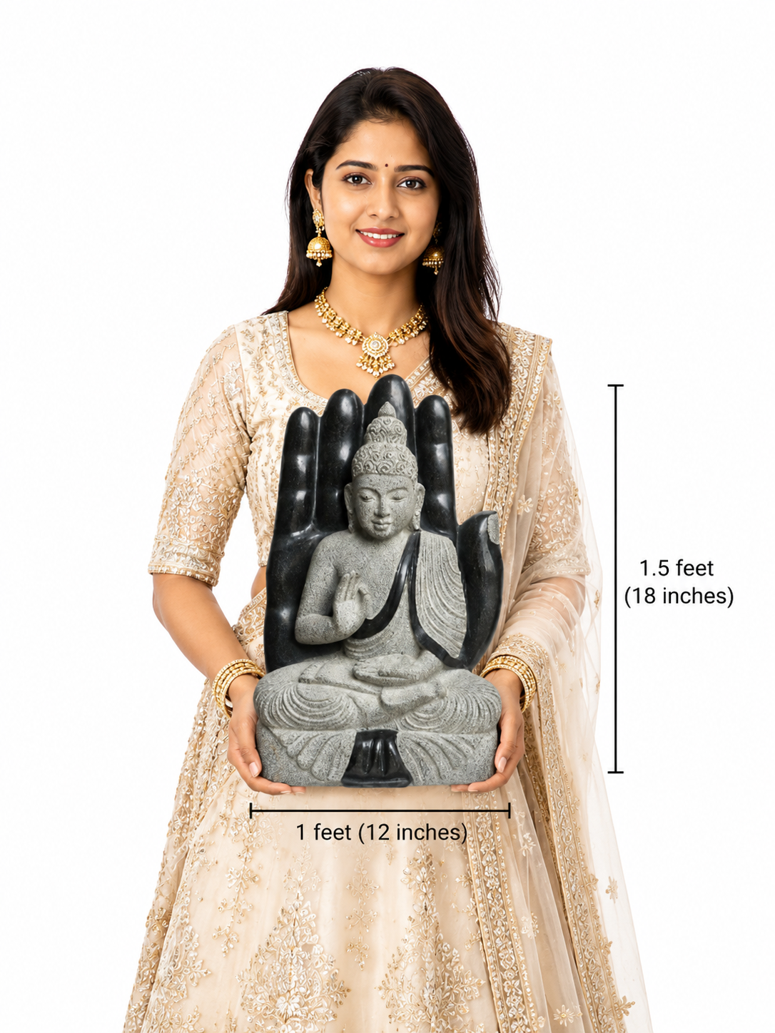 Hand-carved 1.5 ft protective hand Buddha statue in natural stone, product view 5 highlighting the Abhaya gesture and carved details.