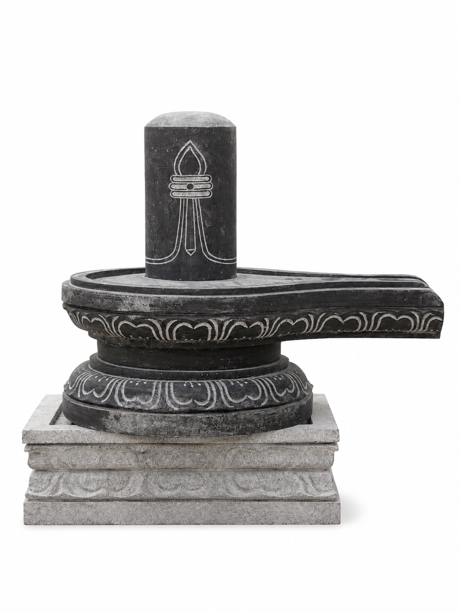 Hand-carved 1.5 ft Shiva Lingam statue in natural stone, product view 1 highlighting the sacred form and carved details.
