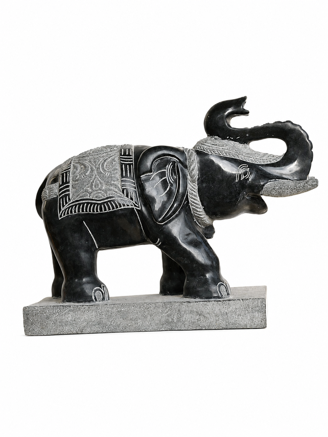 Hand-carved 1.5 ft temple guardian elephant statue in natural stone, product view 1 highlighting the animal form and carved details.