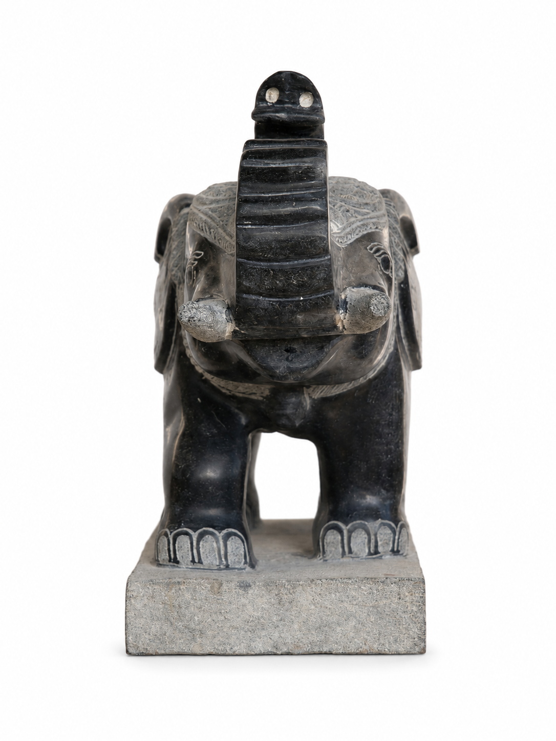 Hand-carved 1.5 ft temple guardian elephant statue in natural stone, product view 3 highlighting the animal form and carved details.