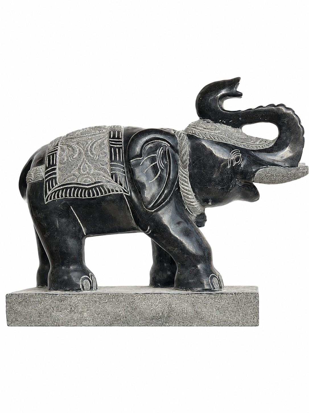 Hand-carved 1.5 ft temple guardian elephant statue in natural stone, product view 4 highlighting the animal form and carved details.