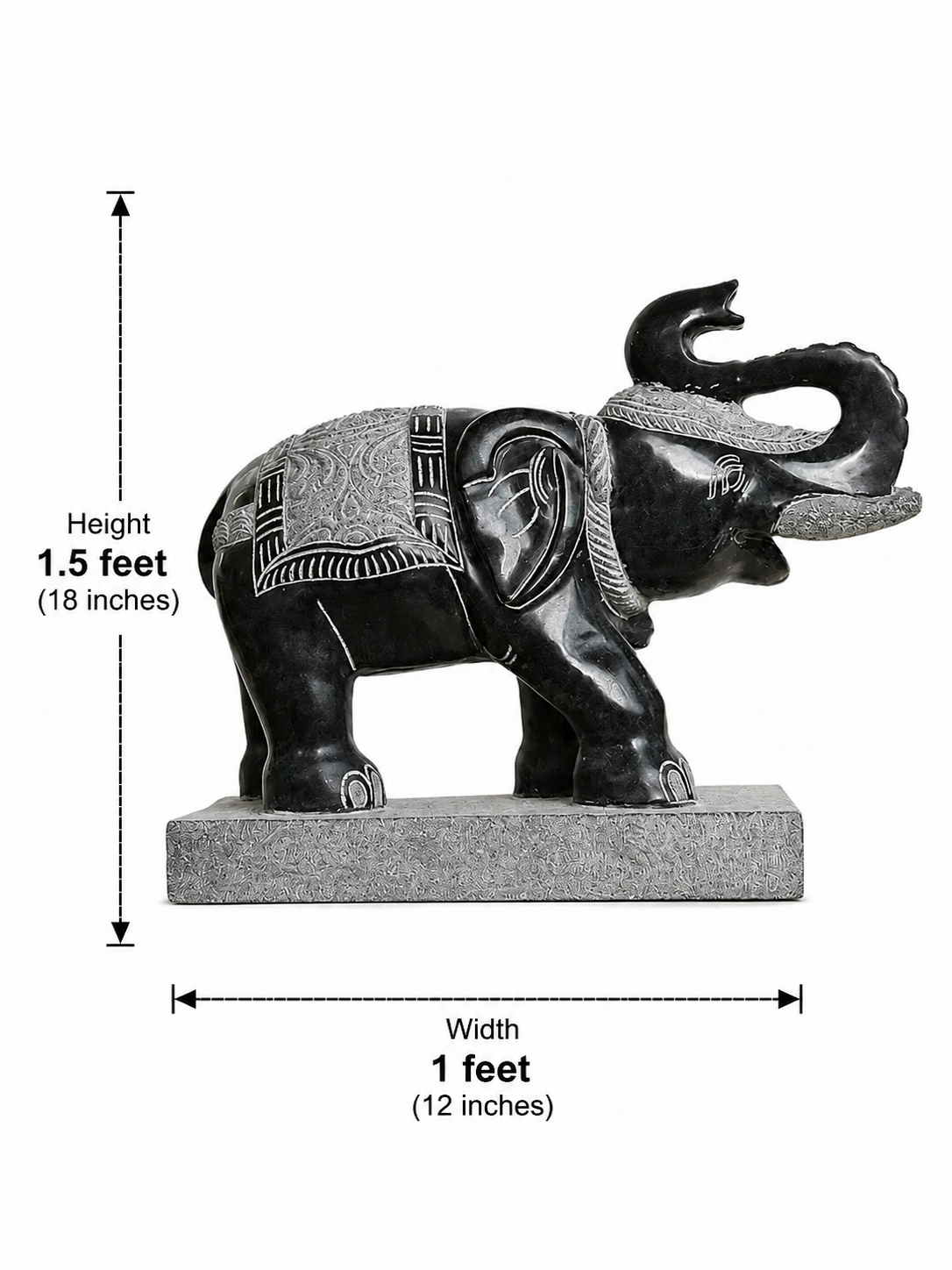 Hand-carved 1.5 ft temple guardian elephant statue in natural stone, product view 5 highlighting the animal form and carved details.