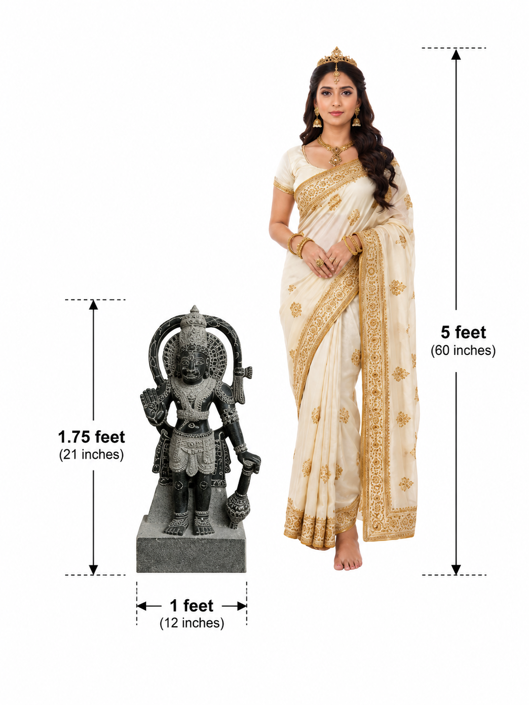 Hand-carved 1.75 ft Bhakta Hanuman statue in polished black stone shown beside an adult model for scale.