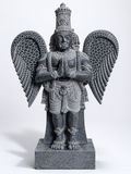 Hand-carved 1.75 ft Garuda Bhagavan statue in natural stone, product view 1 highlighting the sculpture and carved details.