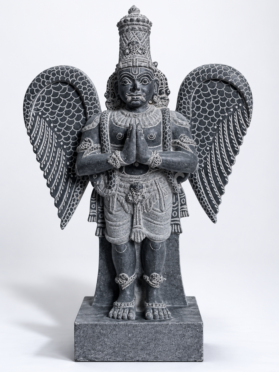 Hand-carved 1.75 ft Garuda Bhagavan statue in natural stone, product view 1 highlighting the sculpture and carved details.