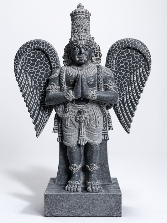 Hand-carved 1.75 ft Garuda Bhagavan statue in natural stone, product view 1 highlighting the sculpture and carved details.