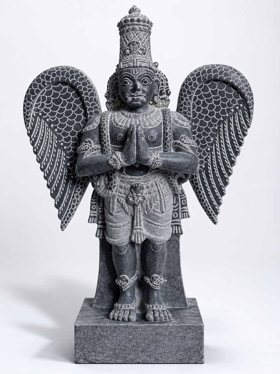 Hand-carved 1.75 ft Garuda Bhagavan statue in natural stone, product view 1 highlighting the sculpture and carved details.