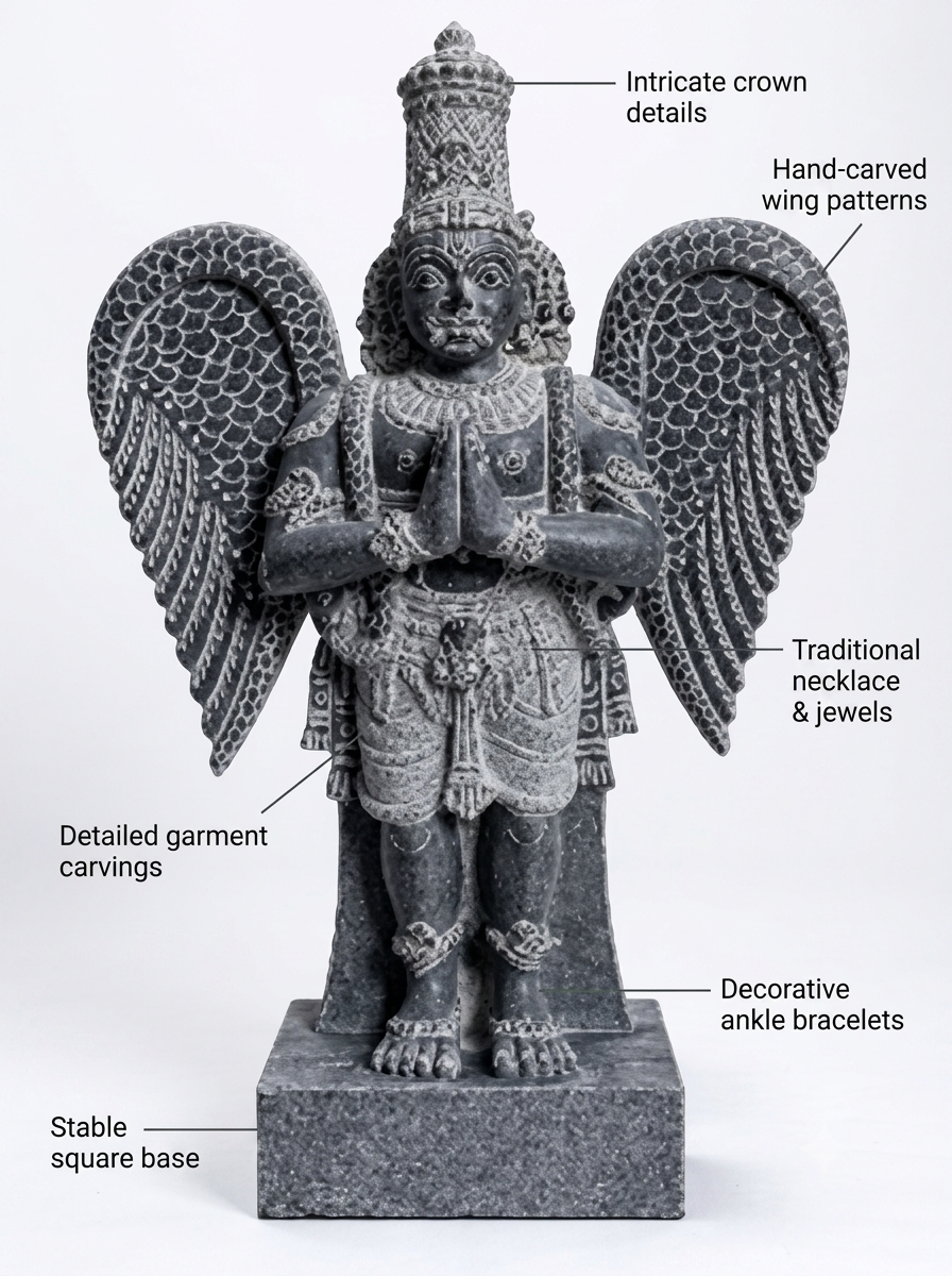 Hand-carved 1.75 ft Garuda Bhagavan statue in natural stone, product view 2 highlighting the sculpture and carved details.
