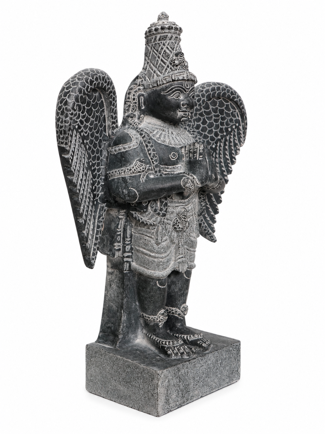 Hand-carved 1.75 ft Garuda Bhagavan statue in natural stone, product view 3 highlighting the sculpture and carved details.