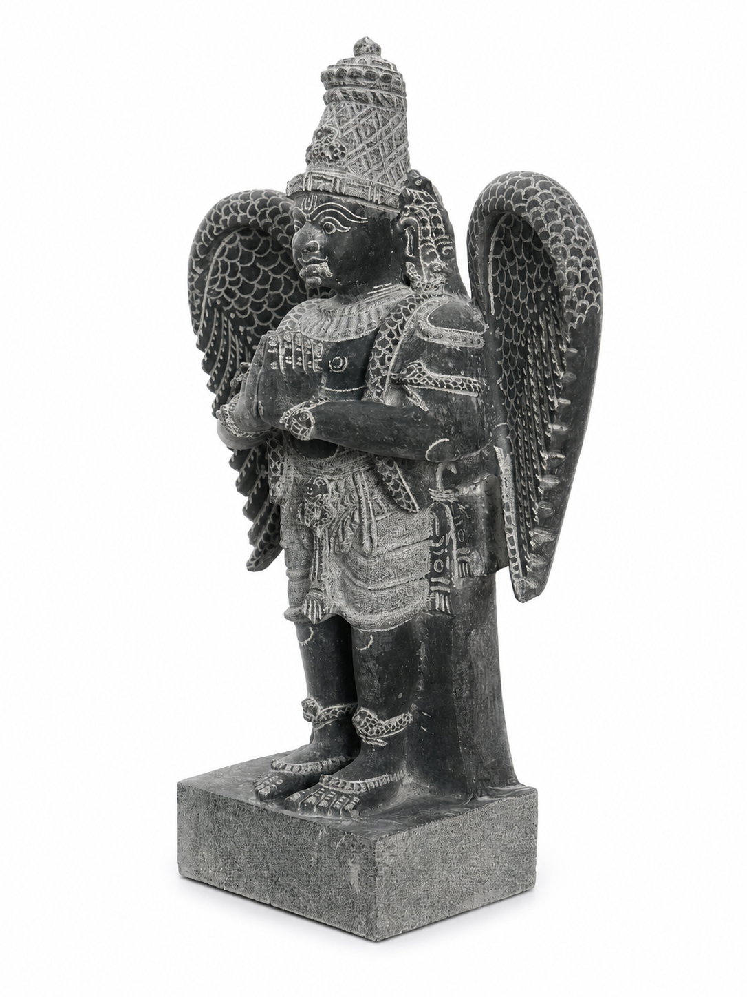 Hand-carved 1.75 ft Garuda Bhagavan statue in natural stone, product view 4 highlighting the sculpture and carved details.