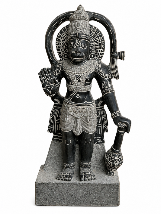 Hand-carved 1.75 ft Hanuman statue in natural stone, product view 1 highlighting the sculpture and carved details.