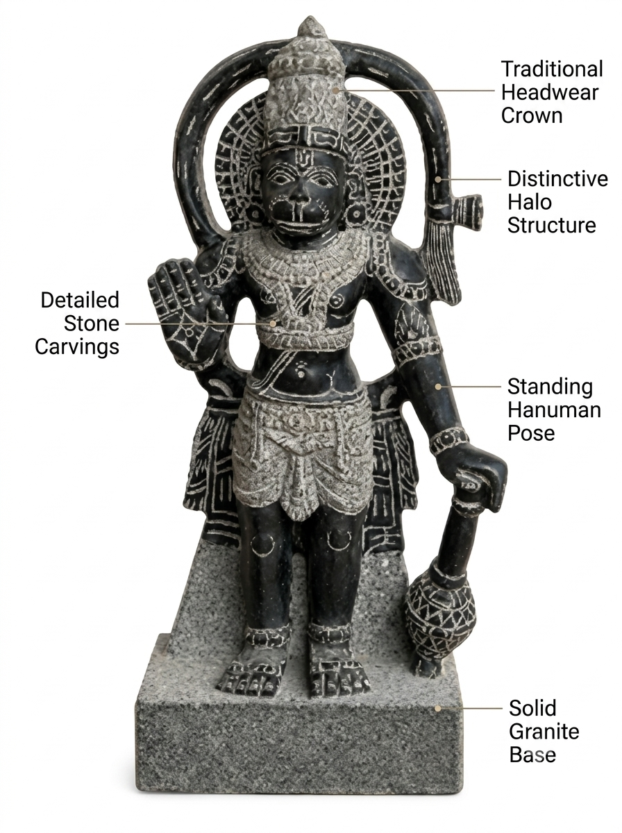 Hand-carved 1.75 ft Hanuman statue in natural stone, product view 2 highlighting the sculpture and carved details.