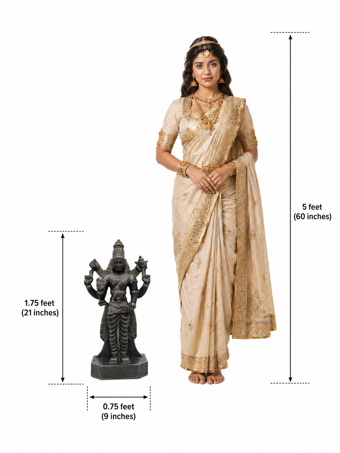Hand-carved 1.75 ft Maha Vishnu Perumal statue in polished black stone shown beside an adult model for scale.