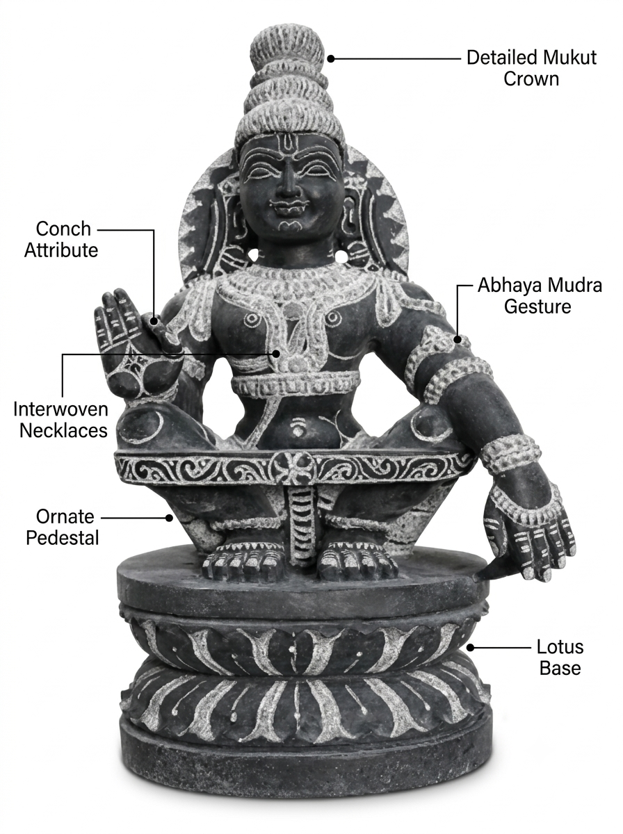 Hand-carved 1.75 ft mini Ayyappan statue in natural stone, product view 2 highlighting the seated deity form and carved details.