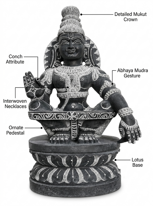 Hand-carved 1.75 ft mini Ayyappan statue in natural stone, product view 2 highlighting the seated deity form and carved details.