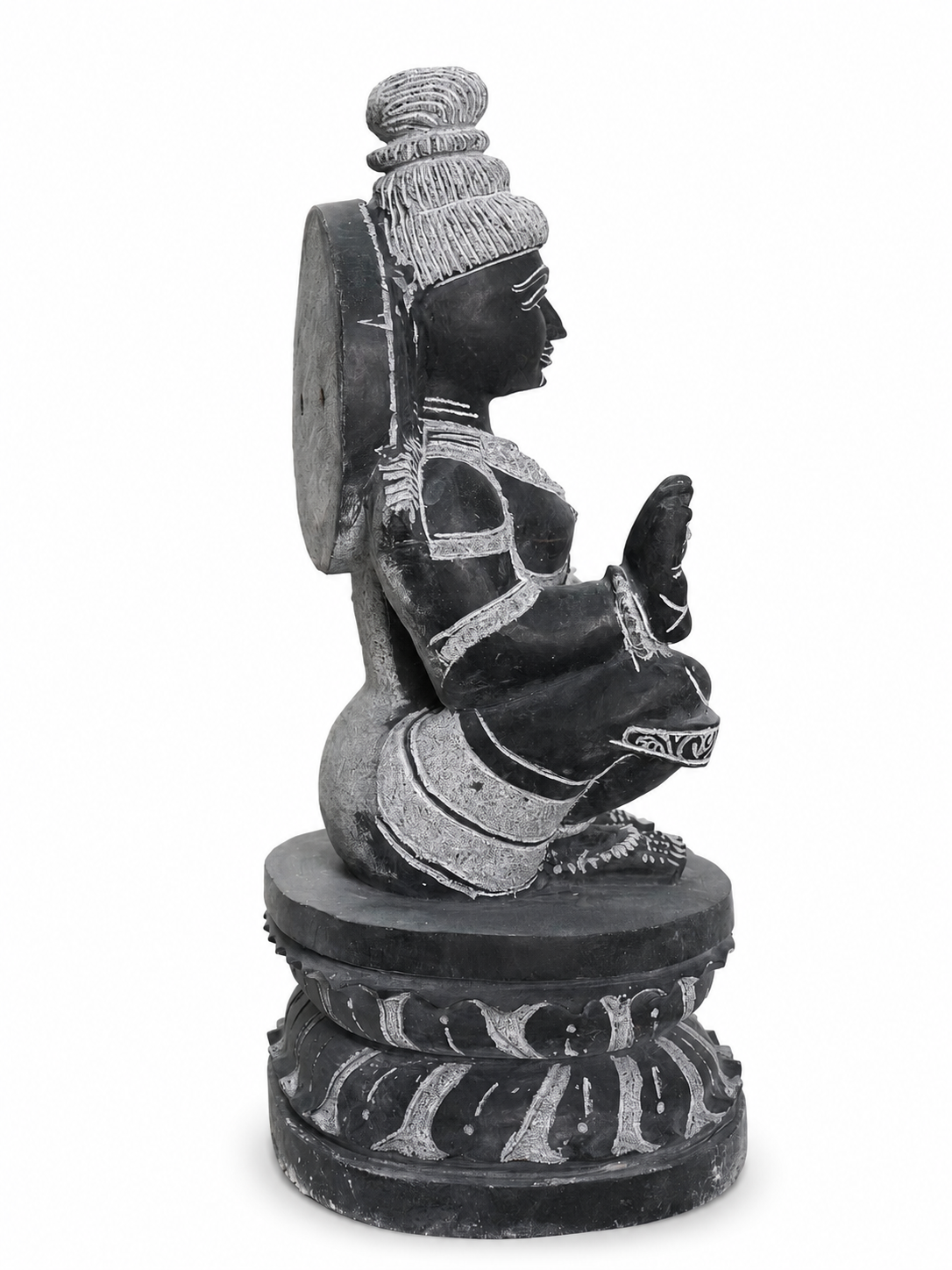 Hand-carved 1.75 ft mini Ayyappan statue in natural stone, product view 3 highlighting the seated deity form and carved details.