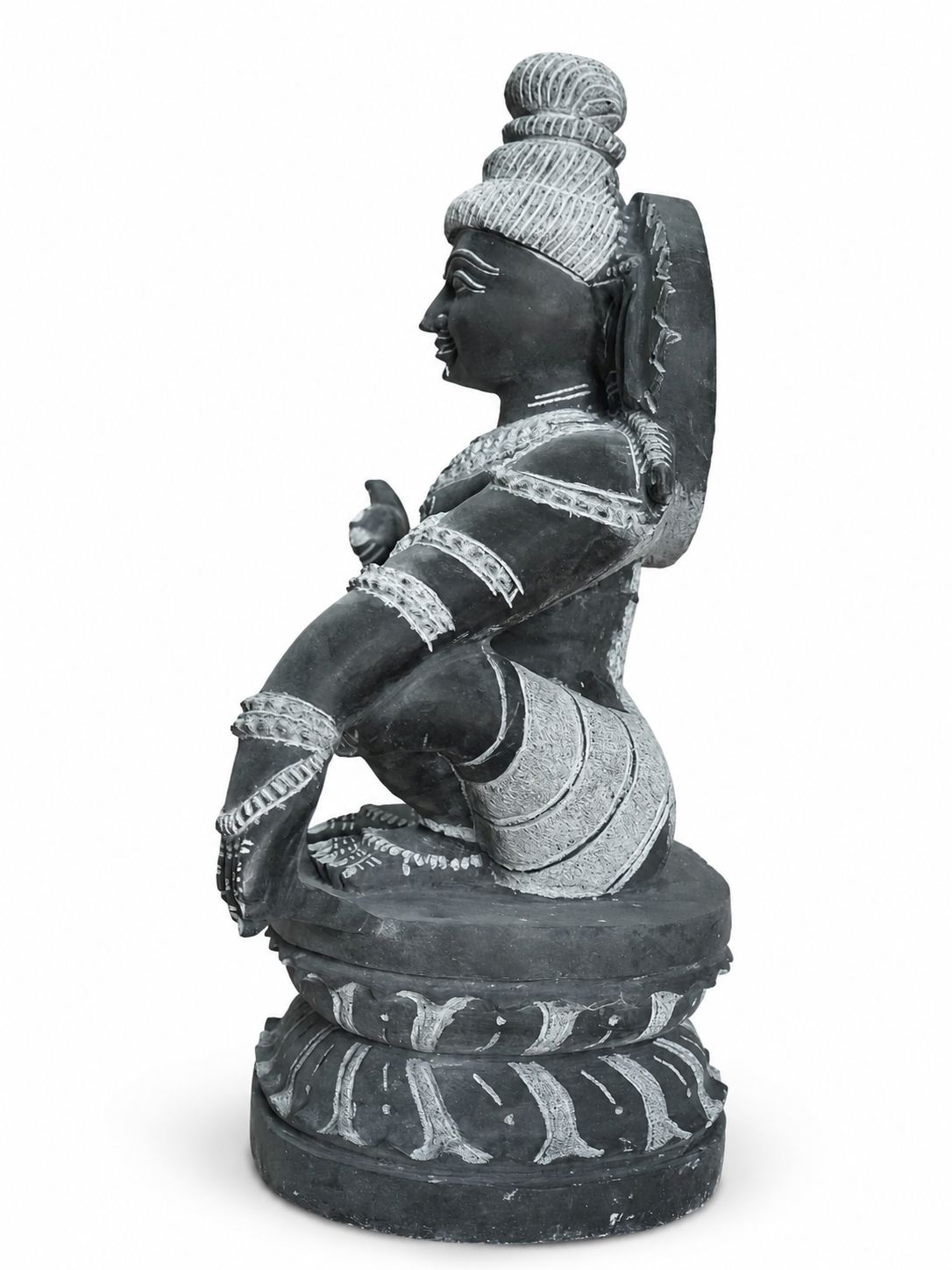 Hand-carved 1.75 ft mini Ayyappan statue in natural stone, product view 4 highlighting the seated deity form and carved details.