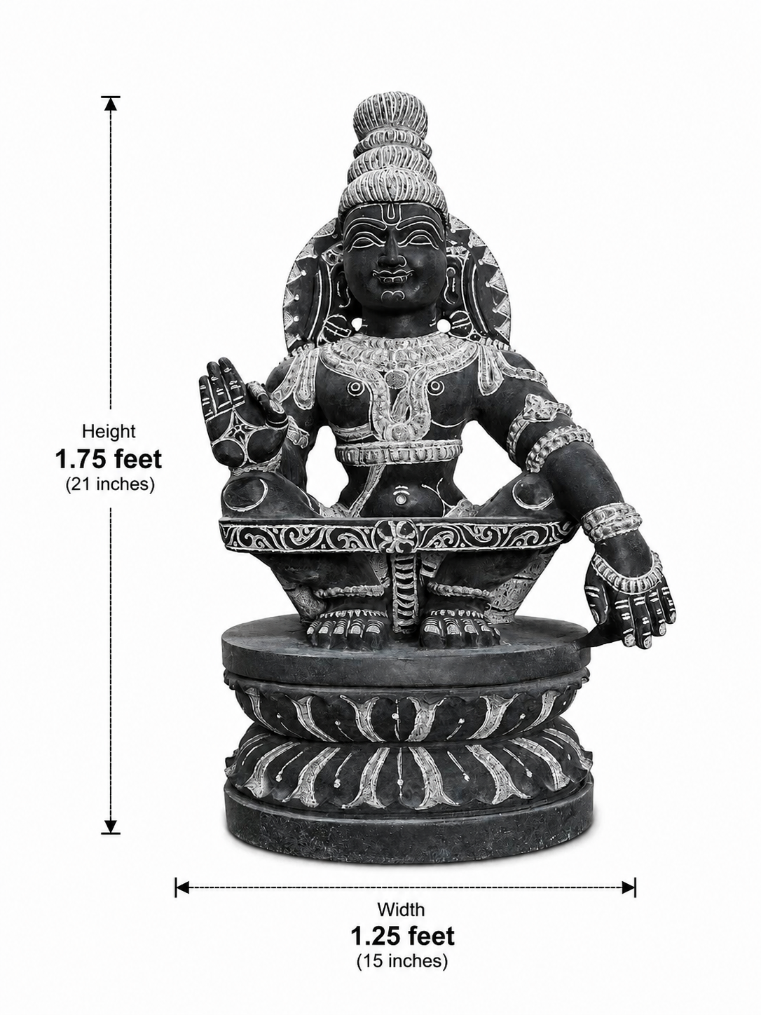 Hand-carved 1.75 ft mini Ayyappan statue in natural stone, product view 6 highlighting the seated deity form and carved details.