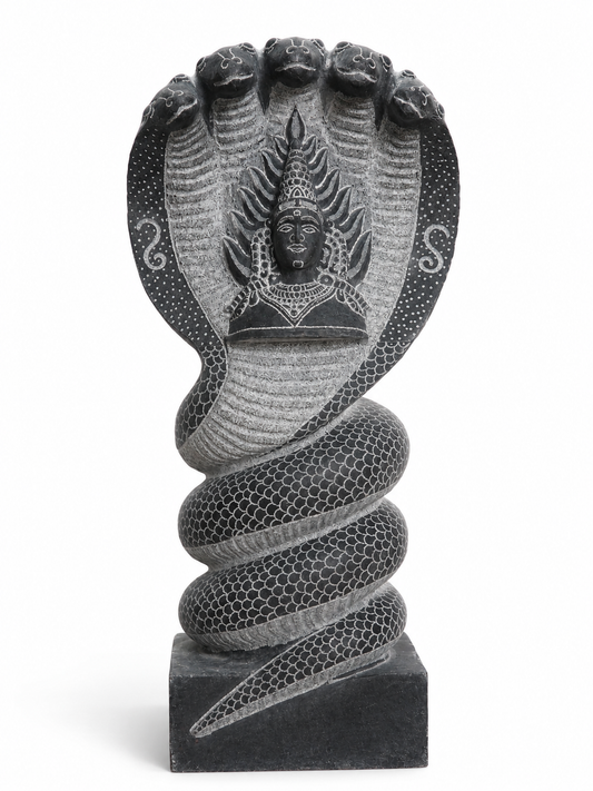 Hand-carved 1.75 ft Nagathamman with Shiva Lingam statue in natural stone, product view 1 highlighting the serpent and lingam details.