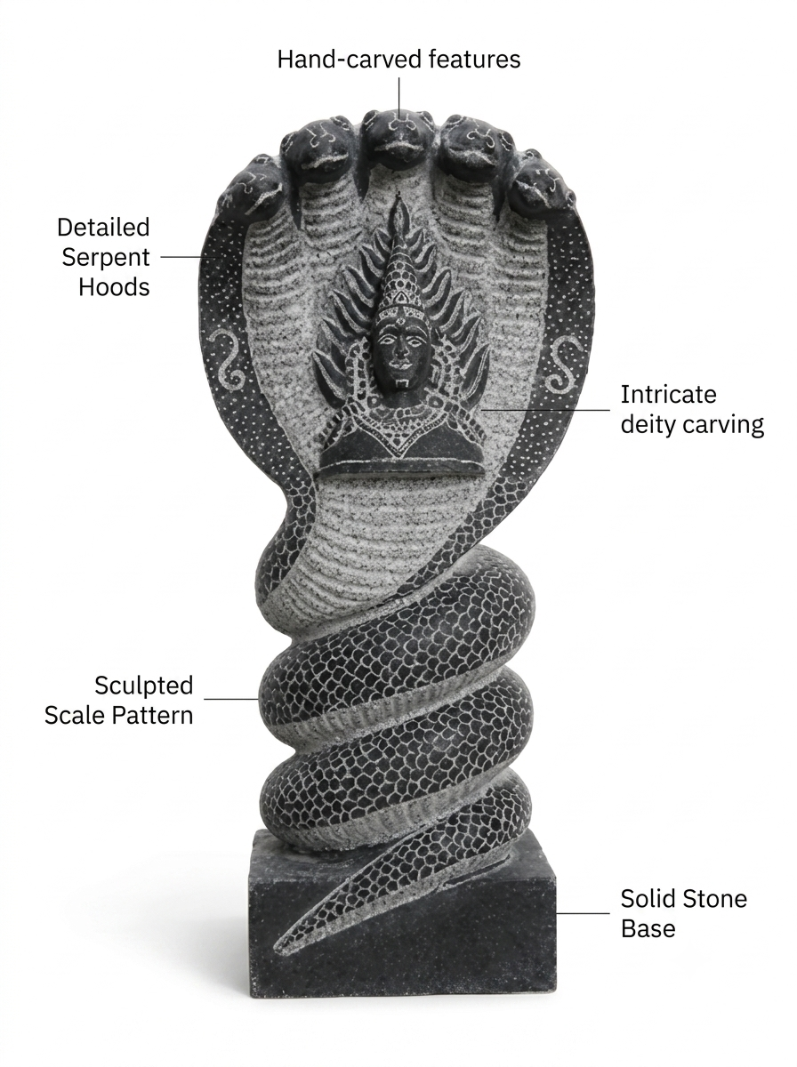 Hand-carved 1.75 ft Nagathamman with Shiva Lingam statue in natural stone, product view 2 highlighting the serpent and lingam details.