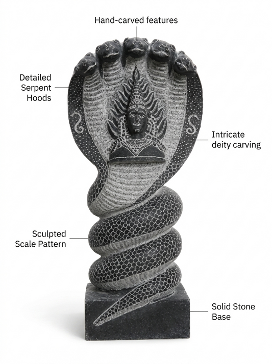 Hand-carved 1.75 ft Nagathamman with Shiva Lingam statue in natural stone, product view 2 highlighting the serpent and lingam details.