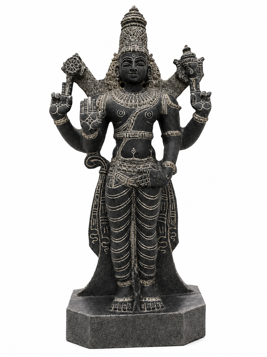 Hand-carved 1.75 ft Vishnu statue in natural stone, product view 1 highlighting the sculpture and carved details.