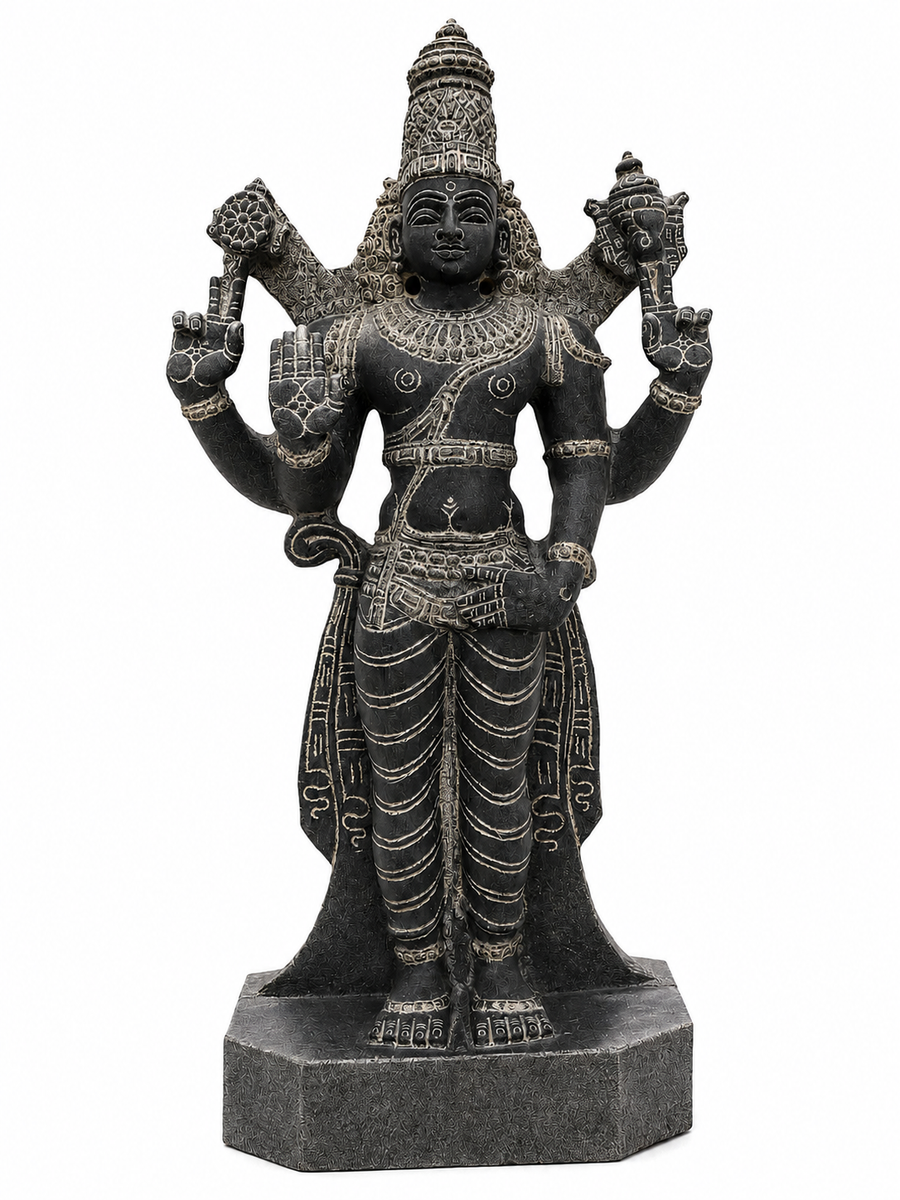 Hand-carved 1.75 ft Vishnu statue in natural stone, product view 1 highlighting the sculpture and carved details.