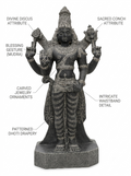 Hand-carved 1.75 ft Vishnu statue in natural stone, product view 2 highlighting the sculpture and carved details.