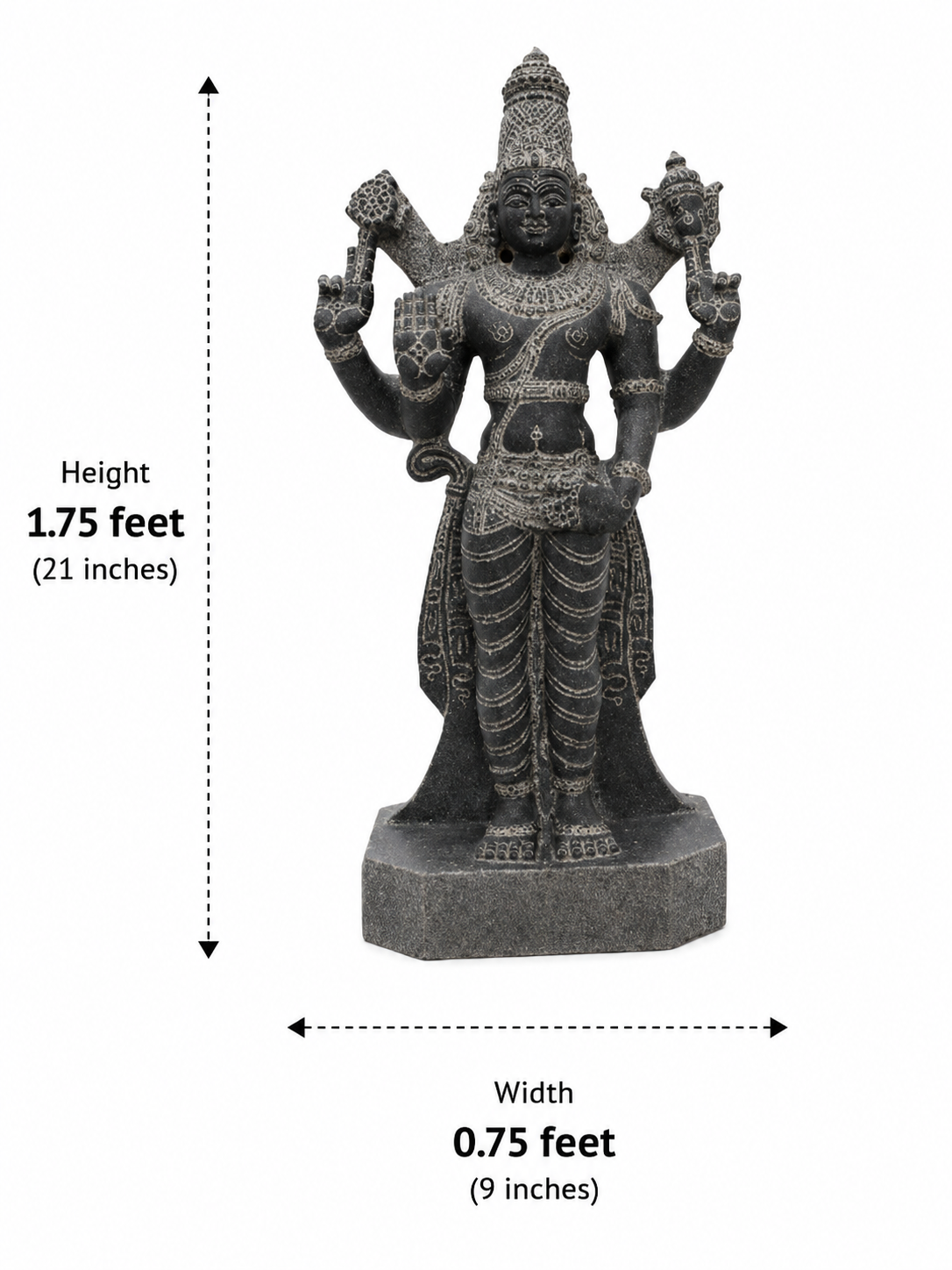 Hand-carved 1.75 ft Vishnu statue in natural stone, product view 5 highlighting the sculpture and carved details.