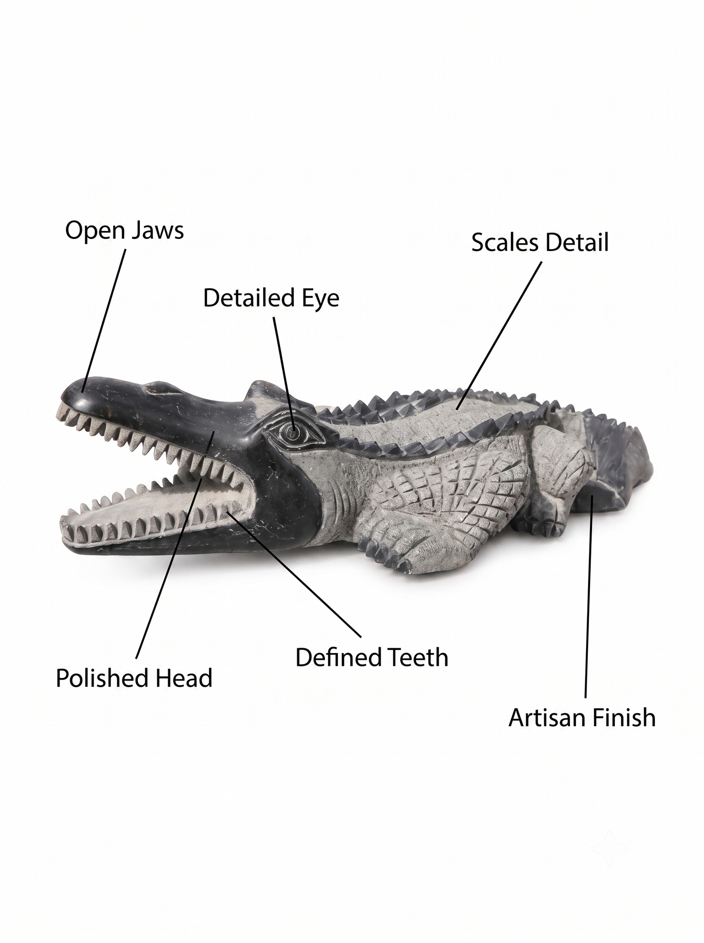 Hand-carved 1.9 ft Crocodile Stone Sculpture on Raised Platform in natural Charnockite stone, product view 2 showing the sculpture and carved details.