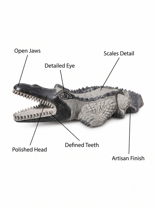 Hand-carved 1.9 ft Crocodile Stone Sculpture on Raised Platform in natural Charnockite stone, product view 2 showing the sculpture and carved details.