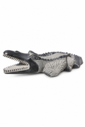 Hand-carved 1.9 ft Crocodile Stone Sculpture on Raised Platform in natural Charnockite stone, product view 3 showing the sculpture and carved details.