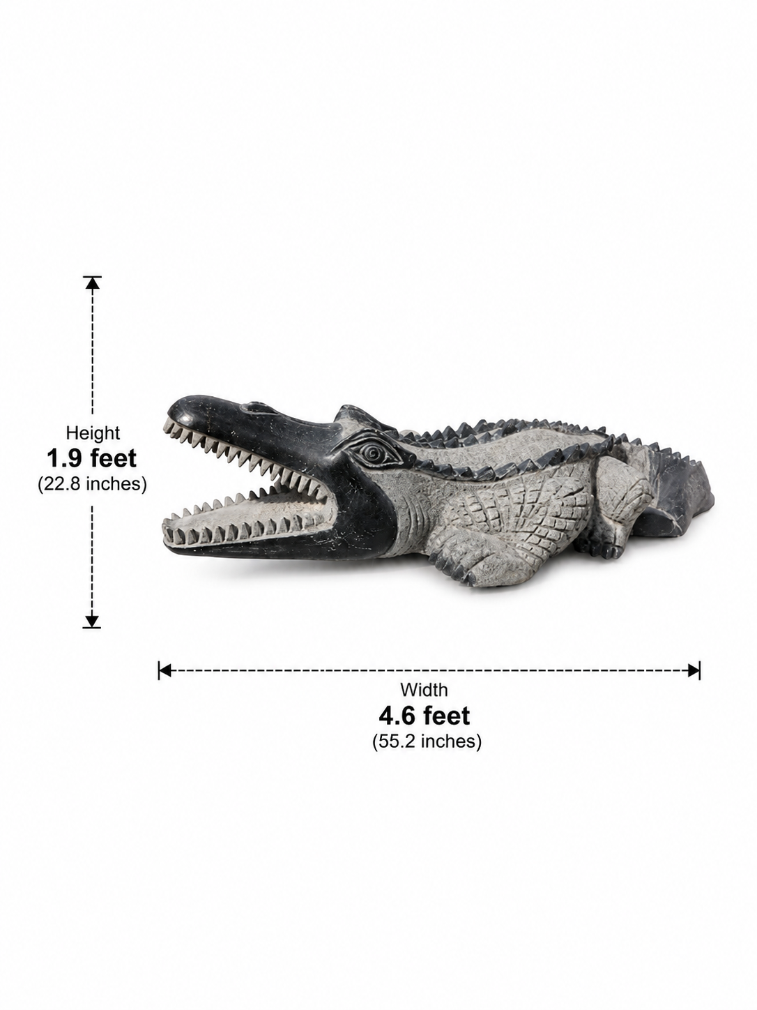 Hand-carved 1.9 ft Crocodile Stone Sculpture on Raised Platform in natural Charnockite stone, product view 6 showing the sculpture and carved details.