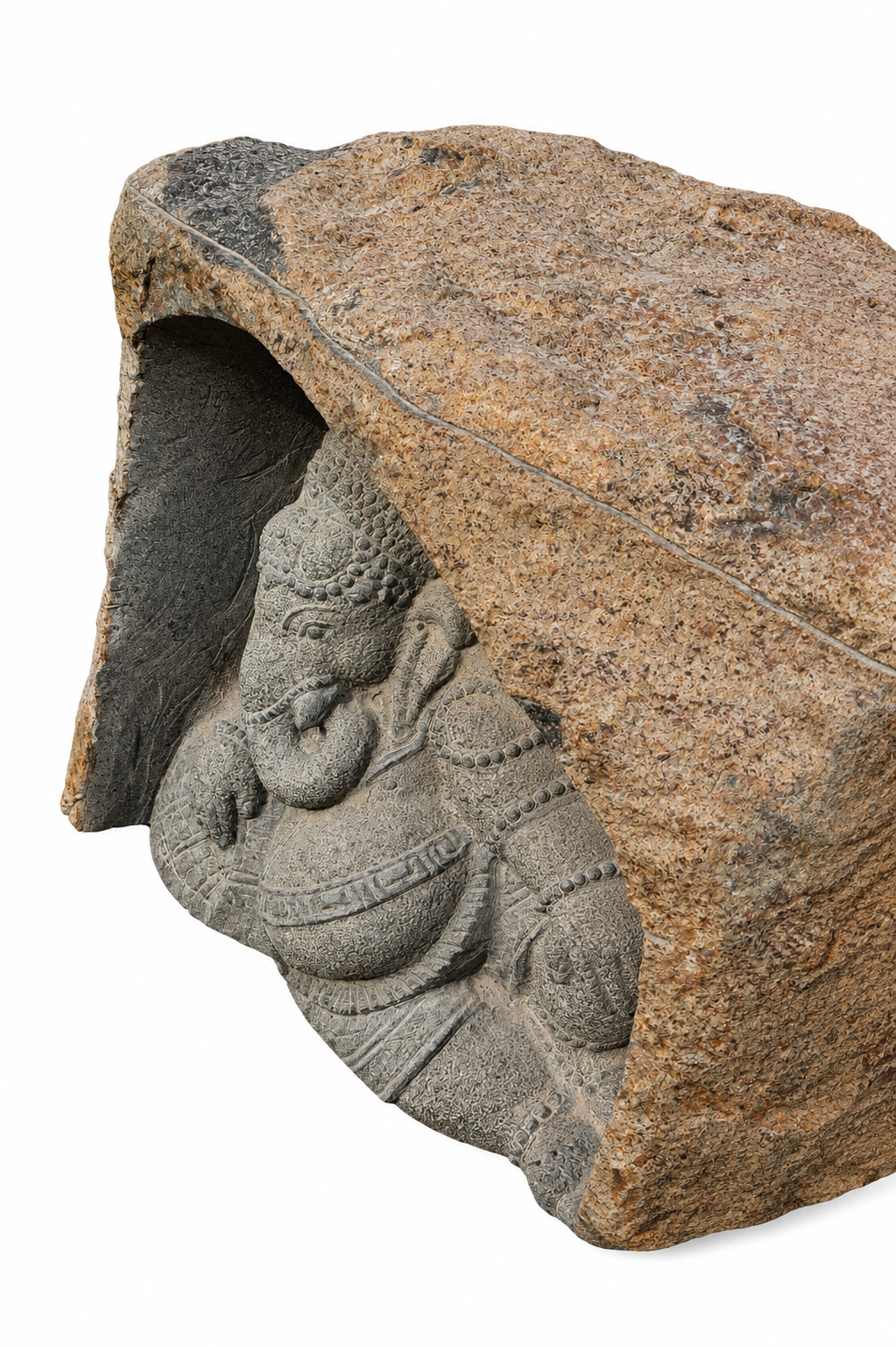 Hand-carved 1.9 ft Ganesha Boulder Statue in natural Charnockite stone, product view 4 showing the sculpture and carved details.