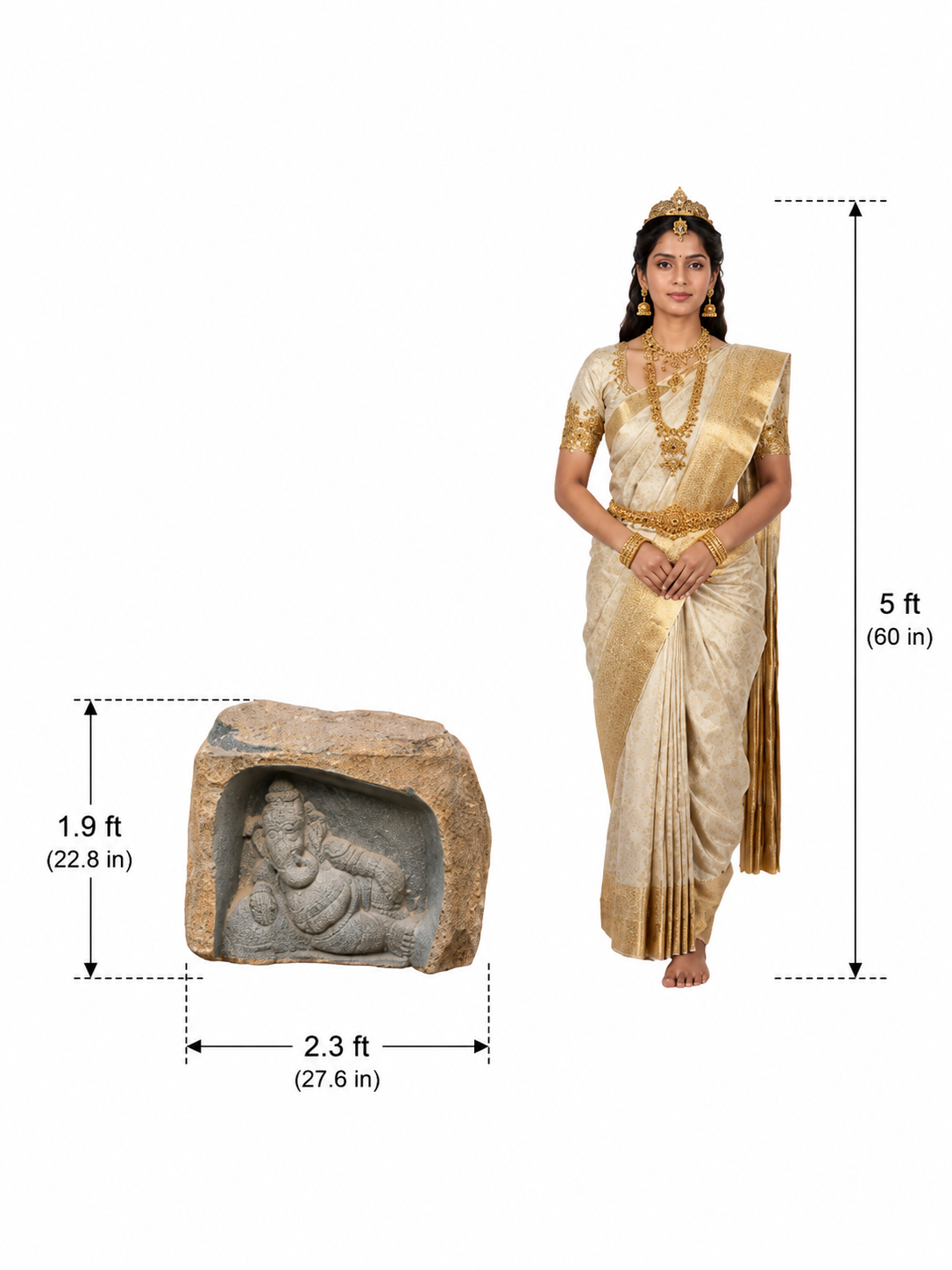 Hand-carved 1.9 ft Ganesha Boulder Statue in natural Charnockite stone, product view 6 showing the sculpture and carved details.