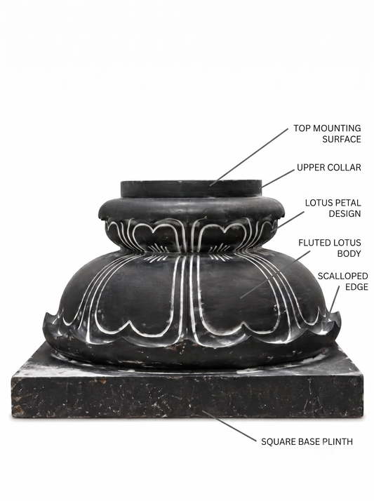 Hand-carved 1 ft Balipeedam pedestal in natural stone, product view 2 highlighting its form and carved details.