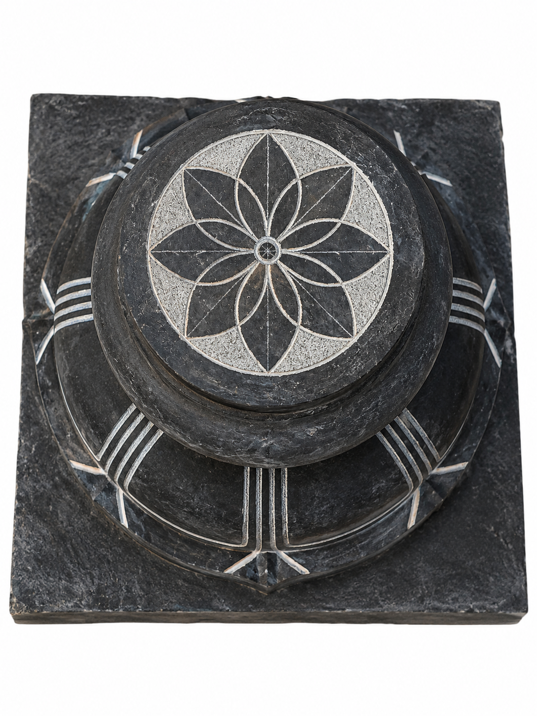 Hand-carved 1 ft Balipeedam pedestal in natural stone, product view 3 highlighting its form and carved details.