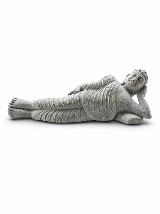 Hand-carved 1 ft Buddha statue in natural stone, product view 1 highlighting the meditative form and carved details.