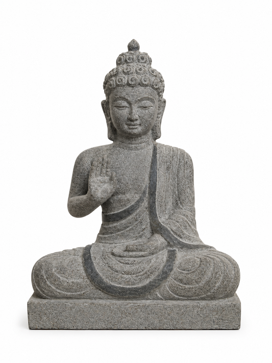 Hand-carved 1 ft Buddha statue in natural stone, product view 1 highlighting the meditative form and carved details.